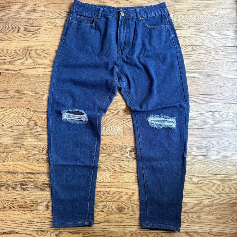 Boohoo Blue Jeans Womens Sze 12 Distressed Stretch Skinny High Waist Medium Wash